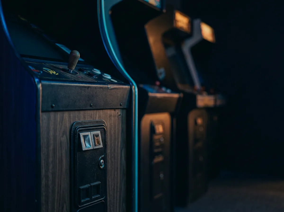 Rows of arcade cabinets on a game zone floor