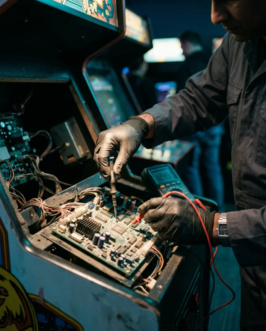 Technician testing an arcade machine's electronics with a multimeter
